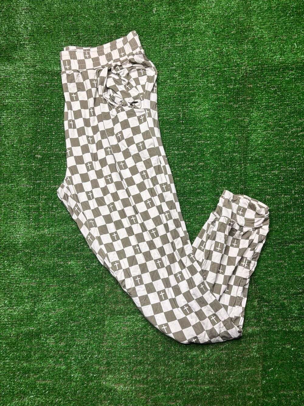 WILD wren Checkered Cross Print Bamboo Lounge Pants Joggers Olive Green Size L
